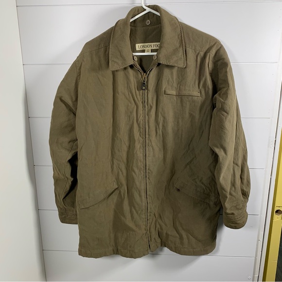 London Fog Barn Chore Coat Men Sz L Tan Olive Canvas Quilted Lining Utility READ - Picture 1 of 13